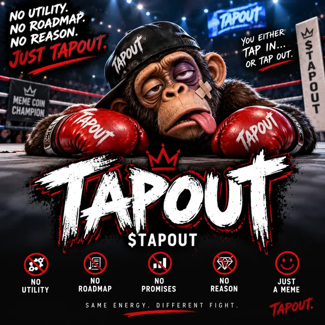 Tapout: a battered ape in a TAPOUT cap and red boxing gloves slumped on the ring floor. No utility, no roadmap, no promises, no reason, just a meme.